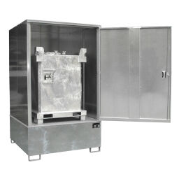Hazardous substance depot Retention Basin Hazardous Materials Cabinets with galvanized grid + supporting feet Collection volume (ltr):  1085.  L: 1475, W: 1460, H: 2410 (mm). Article code: 40GS4-V