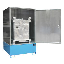 Hazardous substance depot Retention Basin Hazardous Materials Cabinets with galvanized grid + supporting feet Collection volume (ltr):  1085.  L: 1475, W: 1460, H: 2410 (mm). Article code: 40GS4-W