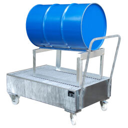 Mobile trays Retention Basin Retention Basin for 2 x 200 l drums Collection volume (ltr):  243.  L: 1320, W: 800, H: 1115 (mm). Article code: 40-2025V