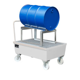 Mobile trays Retention Basin Retention Basin for 1x 200 l drum Collection volume (ltr):  263.  L: 1280, W: 800, H: 1110 (mm). Article code: 440-01-V