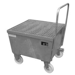 Mobile trays Retention Basin Retention Basin for 1x 200 l drum Collection volume (ltr):  241.  L: 870, W: 800, H: 1110 (mm). Article code: 440-F1-V