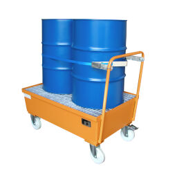 Mobile trays Retention Basin Retention Basin for 1-2 200 l drums Collection volume (ltr):  263.  L: 1200, W: 800, H: 1110 (mm). Article code: 440-F2