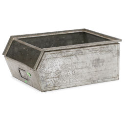 Storage bin steel with reinforced stacking edges and drop grips