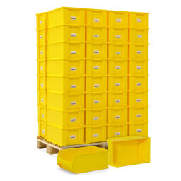 Magazijnbak kunststof palletaanbieding stapelbaar Kleur:  geel.  L: 500, B: 300, H: 200 (mm). Artikelcode: 38-FPOM-60L-PAL