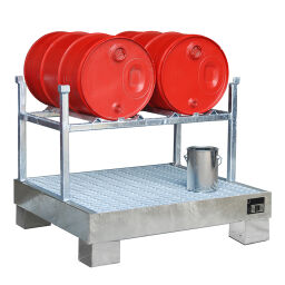 Retention basin steel drum rack including leakingbucket