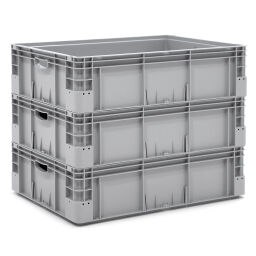 Stacking box plastic stackable all walls closed + open handles Type:  stackable.  L: 800, W: 600, H: 220 (mm). Article code: 38-NO86-22-S