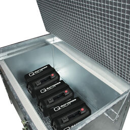 Container Lithium-ionen Lagerbehälter  Deckel mit Verriegelungssystem.  L: 1150, B: 900, H: 800 (mm). Artikelcode: LIL280-V