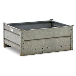 Stacking box steel fixed construction stacking box stackable used.  L: 820, W: 620, H: 355 (mm). Article code: 98-2512GB