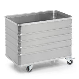 Transport trolleys Aluminium Boxes transport trolley with corrugated walls 2 castor- and 2 rigid wheels, castor wheels with brake.  L: 990, W: 580, H: 770 (mm). Article code: 9020300804