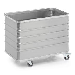 Transport trolleys Aluminium Boxes transport trolley with corrugated walls 4 castor wheels, 2 castor wheels with brake.  L: 990, W: 580, H: 770 (mm). Article code: 9020300805