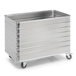 Transport trolleys Aluminium Boxes transport trolley with corrugated walls 2 castor- and 2 rigid wheels, castor wheels with brake.  L: 1280, W: 730, H: 935 (mm). Article code: 9020300811