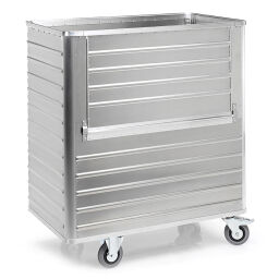 Transport trolleys Aluminium Boxes transport trolley 1 flap at 1 long side.  L: 1280, W: 730, H: 1430 (mm). Article code: 9020350802