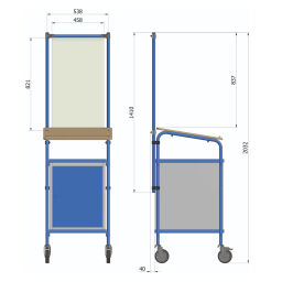 Tischwagen Rollwagen Fetra Rollschränke mit Infektionsschutzrahmen .  L: 615, B: 610, H: 2032 (mm). Artikelcode: 855834-SPS