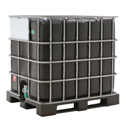 IBC container fluid container 1000 ltr Floor:  plastic pallet.  L: 1200, W: 1000, H: 1150 (mm). Article code: 99-035-KP-T