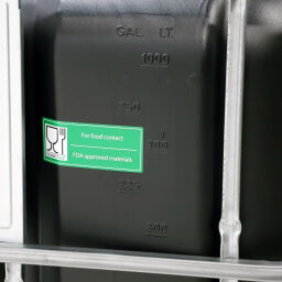 IBC container fluid container 1000 ltr Floor:  plastic pallet.  L: 1200, W: 1000, H: 1150 (mm). Article code: 99-035-KP-T