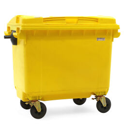 Afvalcontainer Afval en reiniging geschikt voor kam-opname of middels DIN-adapters met scharnierend deksel.  L: 1400, B: 770, H: 1190 (mm). Artikelcode: 36-660-L