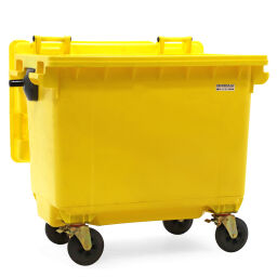 Afvalcontainer Afval en reiniging geschikt voor kam-opname of middels DIN-adapters met scharnierend deksel.  L: 1400, B: 770, H: 1190 (mm). Artikelcode: 36-660-L