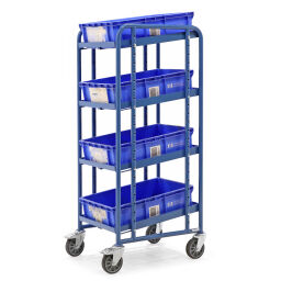 storage trolleys Warehouse trolley Fetra euro box trolley incl. 4 plastic containers used.  L: 630, W: 500, H: 1410 (mm). Article code: 98-3903GB