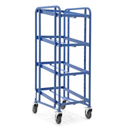 Used Warehouse trolley Fetra euro box trolley incl. 4 plastic containers used.  L: 630, W: 500, H: 1410 (mm). Article code: 98-3903GB