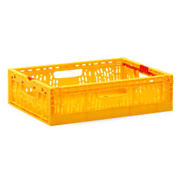 Stapelboxen Kunststoff stapelbar und einklappbar perforierte Wände und Boden Farbe:  gelb.  L: 400, B: 300, H: 115 (mm). Artikelcode: 98-3997