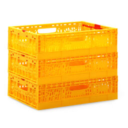 Boite de rangement plastique gerbable et pliable parois + fond ajouré Couleur:  jaune.  L: 400, L: 300, H: 115 (mm). Code d’article: 98-3997