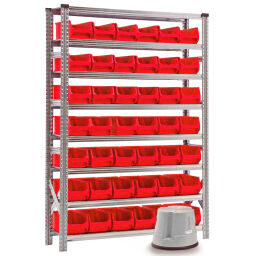 Combinatieset Stelling legbordstelling incl. 42 magazijnbakken Kleur:  rood.  B: 1420, D: 335, H: 1972 (mm). Artikelcode: CS-856-40D-S1