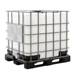 Cubitainer GRV conteneur pour liquides 1000 ltr refurbished d'occasion Fond:  palette en plastique.  L: 1200, L: 1000, H: 1150 (mm). Code d’article: 99-035-KP-RF