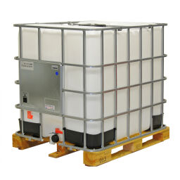 IBC container fluid container 1000 ltr UN-approved Floor:  wooden pallet.  L: 1200, W: 1000, H: 1150 (mm). Article code: 99-035-HP-UN