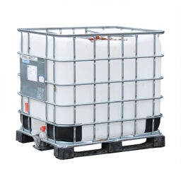 Gebruikte IBC Container vloeistofcontainer 1000 ltr Bodem:  kunststof pallet.  L: 1200, B: 1000, H: 1150 (mm). Artikelcode: 99-035GB