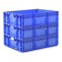 Stacking box plastic stackable KLT all walls closed used Material:  plastic.  L: 800, W: 600, H: 220 (mm). Article code: 98-4724GB