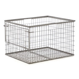 Wire basket with flap at grip opening stackable used.  L: 700, W: 550, H: 460 (mm). Article code: 98-4872GB