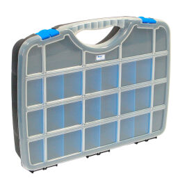 Transport case assortment case with 5-21 compartments .  L: 388, W: 290, H: 61 (mm). Article code: 11-023552