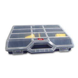 Transport case assortment case with 5-21 compartments .  L: 312, W: 238, H: 51 (mm). Article code: 11-145001