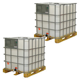 Cubitainer GRV conteneur pour liquides 1000 ltr refurbished d'occasion Fond:  palette en bois.  L: 1200, L: 1000, H: 1150 (mm). Code d’article: 99-035-HP-RF-2