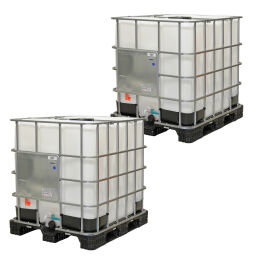 IBC Container vloeistofcontainer partij-aanbieding Bodem:  kunststof pallet.  L: 1200, B: 1000, H: 1150 (mm). Artikelcode: 99-035-KP-UN-2