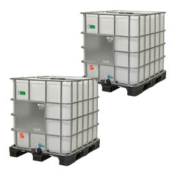 IBC Container vloeistofcontainer partij-aanbieding Bodem:  kunststof pallet.  L: 1200, B: 1000, H: 1150 (mm). Artikelcode: 99-035-KP-2