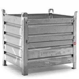 Stapelboxen Stahl feste Konstruktion Stapelbehälter 1 Klappe an 1 Langseite Euronorm (mm):  1000 x 800.  L: 1000, B: 800, H: 970 (mm). Artikelcode: 1011089V