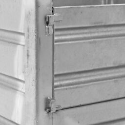 Stapelboxen Stahl feste Konstruktion Stapelbehälter 1 Klappe an 1 Langseite Euronorm (mm):  1000 x 800.  L: 1000, B: 800, H: 970 (mm). Artikelcode: 1011089V