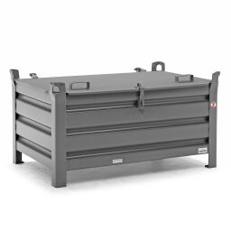 Stacking box steel Full Security with lid Euronorm (mm):  1200 x 800.  L: 1200, W: 800, H: 670 (mm). Article code: 1021286S-DEK