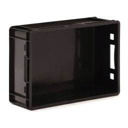Stapelboxen Kunststoff stapelbar E2 Fleischkiste mit offenen Handgriffen Typ:  stapelbar.  L: 600, B: 400, H: 200 (mm). Artikelcode: 38-FB6420-E2-BK