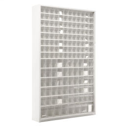 Cabinet assortment cabinet with 154 drawers and 28 bins used.  W: 1270, D: 250, H: 2000 (mm). Article code: 77-A026132