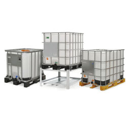 IBC Container vloeistofcontainer 1000 ltr Bodem:  kunststof pallet.  L: 1200, B: 1000, H: 1150 (mm). Artikelcode: 99-035-KP