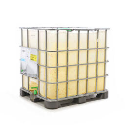 IBC container fluid container 1000 ltr used Floor:  plastic pallet.  L: 1200, W: 1000, H: 1150 (mm). Article code: 99-035GB-KP-GB