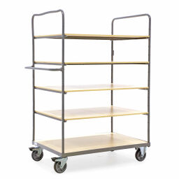 shelved trollyes Warehouse trolley shelved trolley with 5 shelves used.  L: 1300, W: 790, H: 1760 (mm). Article code: 77-A150577