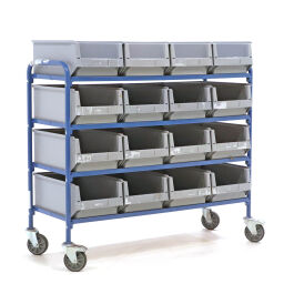 storage trolleys Warehouse trolley Fetra storage trolley incl. 16 warehouse containers 500*310*200 mm used.  L: 1360, W: 513, H: 1130 (mm). Article code: 8532951GB