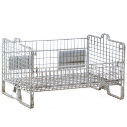 Wire basket fixed construction stackable 1 flap at 1 long side used.  L: 780, W: 570, H: 480 (mm). Article code: 98-6336GB