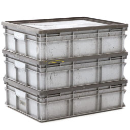 Stacking box plastic stackable all walls closed + lid used Material:  plastic.  L: 810, W: 610, H: 240 (mm). Article code: 98-6338GB