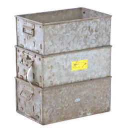 Storage bin steel stackable falling grips at the short sides