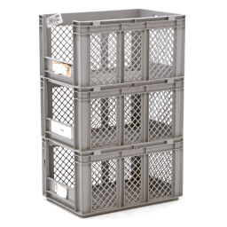 Stacking box plastic stackable 1 short side open