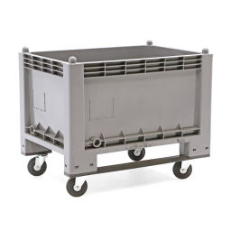 Stacking box plastic large volume container provided with 2 runners and 4 swivel wheels